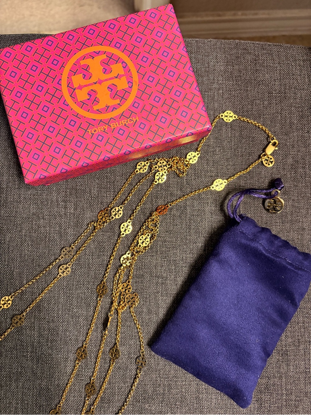 Tory Burch Gold Tone Double T Logo Station Tassel Necklace w/ Box & Pouch